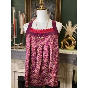 Intuitions Silk Blend Wavy Print Ruffle Tank Top Plum Pink Small Racerback Zip